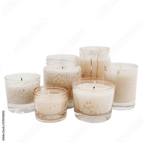 Decorative Candles in Glass Jars Arranged on a Neutral Background for Cozy Am...
