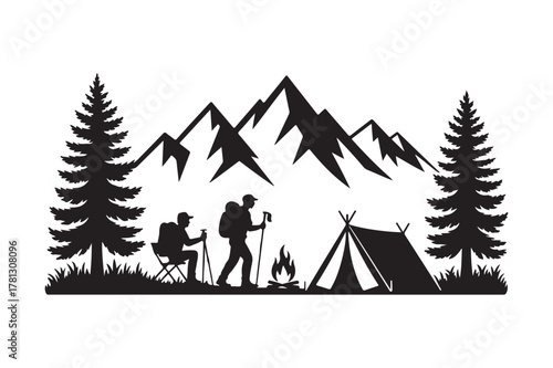 Silhouette of hikers and campers in a mountain wilderness scene