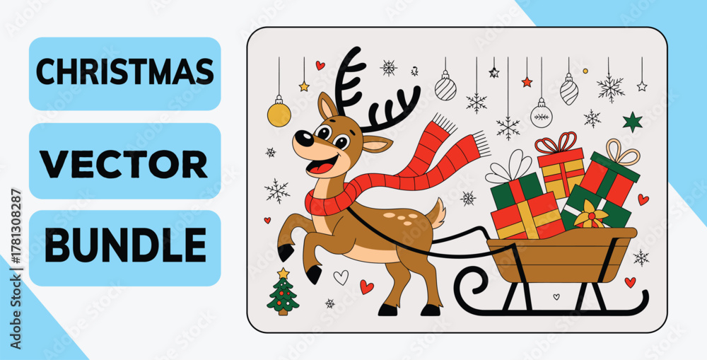 Fototapeta premium Christmas Reindeer Pulling Sleigh with Gifts Vector Illustration