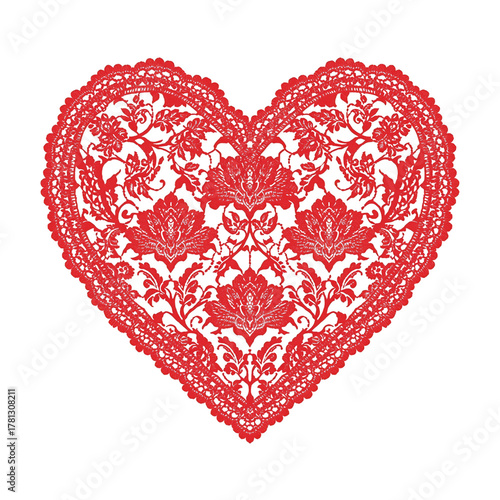 Red Lace Heart Design With Intricate Floral Patterns and Elegant Details Suit...