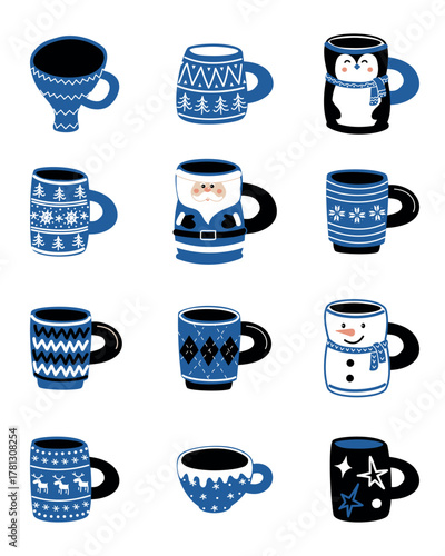 Christmas Cups. Set. Mugs with Winter Christmas Pattern. Collection of Different Mugs. Can be used as Christmas Stickers. Vector illustration in Blue, Black, White