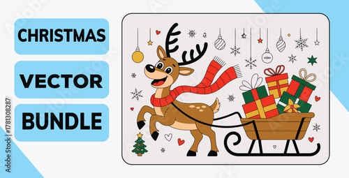 Christmas Reindeer Pulling Sleigh with Gifts Vector Illustration