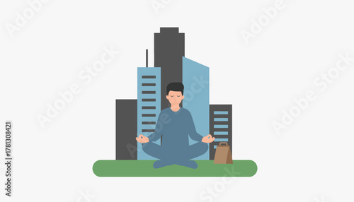 A person meditating in a park during their lunch break with the city skyline in the background emphasizing mental rest amidst a busy environment.