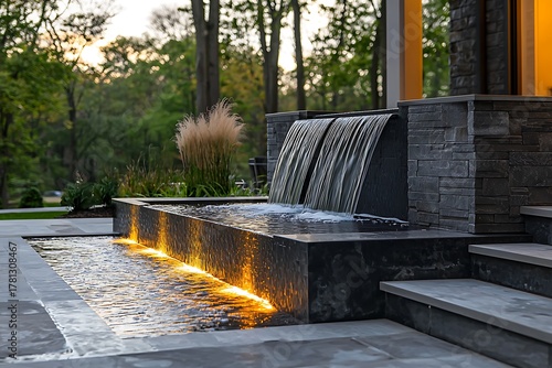 Sleek architectural garden design featuring geometric water wall feature picture