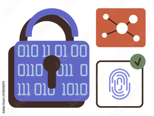 Digital padlock covered in binary code, connected nodes, verified fingerprint, and checkmark. Ideal for cybersecurity, privacy, authentication, data protection, encryption digital access simple