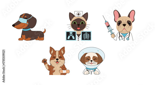 Cartoon veterinary clinic illustration with animals as doctors and patients on transparent background