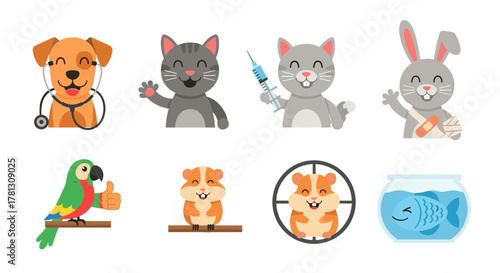 Cartoon pets: dog with stethoscope, cats, rabbit with bandage, parrot, hamsters, and fish on transparent background