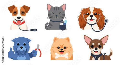Cartoon illustration of various pet animals with accessories on transparent background