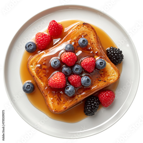 Delicious French Toast Topped With Fresh Berries and Syrup Served on a Plate.