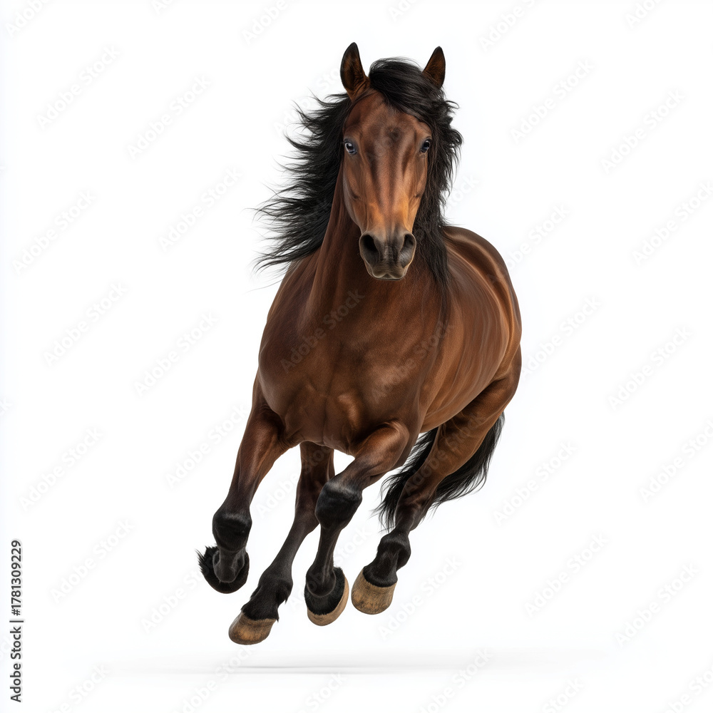 Obraz premium Brown horse galloping toward camera front view.