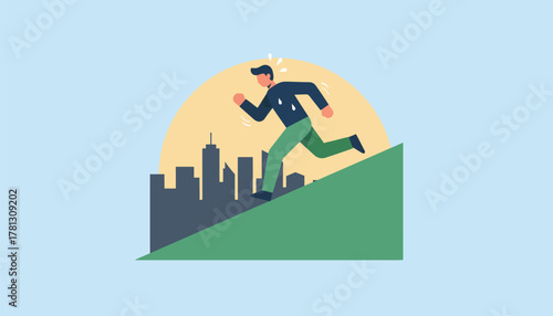 A determined individual sprints up a steep hill sweat glistening with the distant city skyline visible against the horizon.