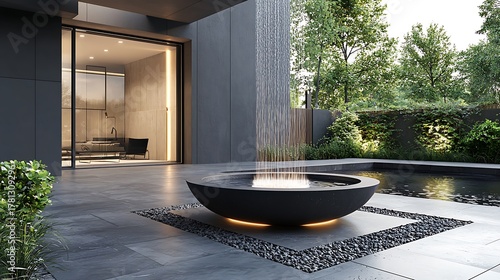 Artistic modern fountain sculpture with ambient light in courtyard photography