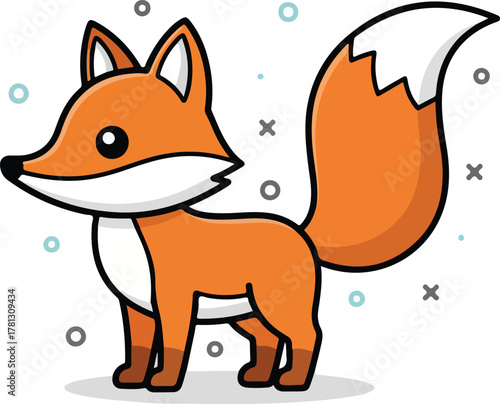 Cute cartoon fox with a bushy tail and pointy ears, illustrated in a simple, charming style with playful background elements