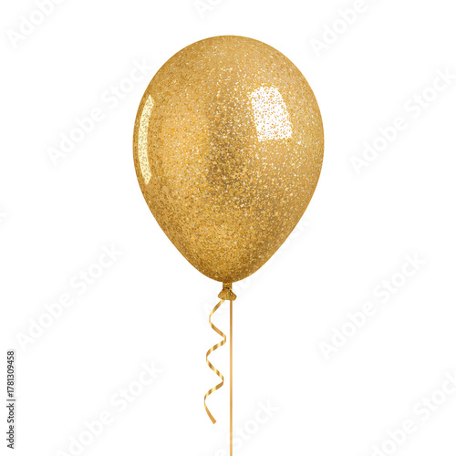 Golden Glitter Balloon Floating Alone Against a White Background.