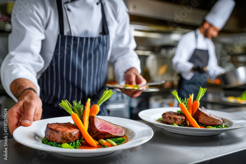 Culinary artistry shines in a bustling professional kitchen during a busy dinner service