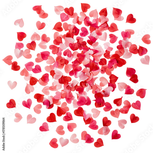 Colorful Heart Shapes Scattered on a White Background for Festive Occasions a...