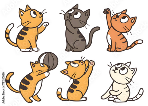 Six cartoon cats in various playful poses isolated on transparent background