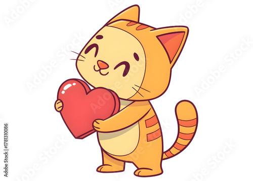 Cute cartoon cat holding a red heart isolated on transparent background