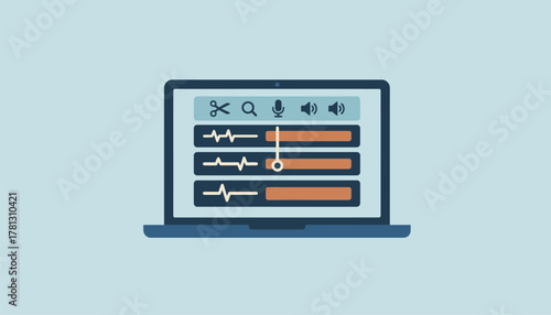 An open laptop displaying a podcasting software interface with various editing tools and audio tracks layered ready for postproduction work.