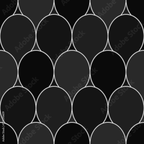 Fish scales wallpaper. Asian traditional ornament with repeated scallops. Repeated overlapping color circles background. Seamless surface pattern design with semicircles. Circular motif. Digital paper