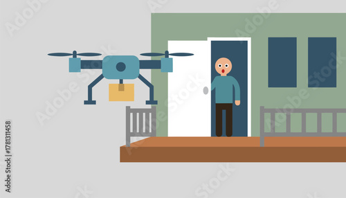 A drone landing softly on a residential porch as a surprised homeowner opens the door to receive their package.