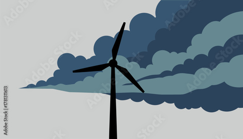 A wind turbine silhouetted against a stormy sky with dramatic clouds forming in the background underscoring the power of nature.