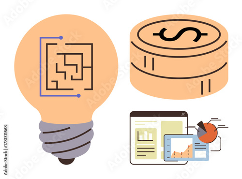Lightbulb with circuit, stack of coins, and data chart on screen. Ideal for innovation, strategy, technology, analytics, finance problem-solving and growth concepts. Simple flat metaphor