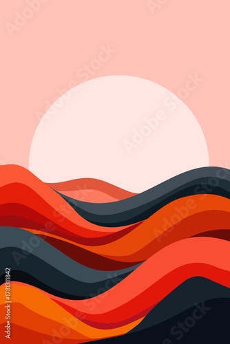 Abstract landscape illustration with colorful wavy hills and a large rising sun on a soft pink background, symbolizing energy, creativity, and the beauty of nature.