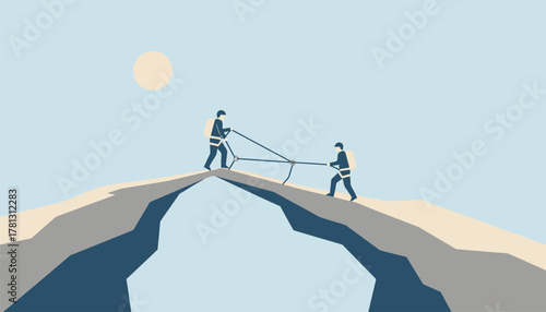 Two climbers using a rope system to secure themselves while navigating a narrow ridge showcasing teamwork and the precision required to stay safe.