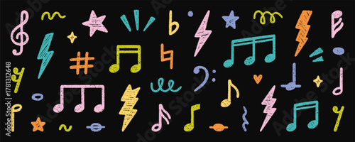Crayon musical notes doodle set. Punk rock chalk pencil elements in sketch style. Grunge texture. Hand drawn vector illustration isolated on black background.