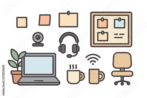 Remote work setup essentials including laptop, webcam, headset, chair, and sticky notes