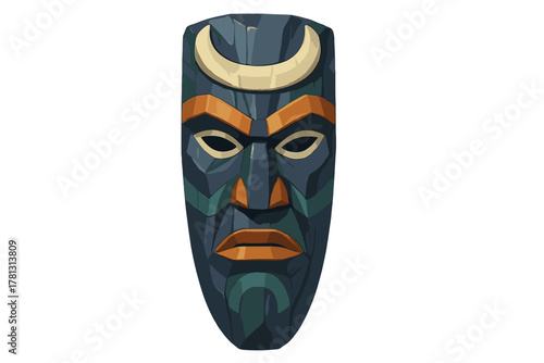 Stylized dark blue tribal mask featuring crescent moon symbol and geometric patterns