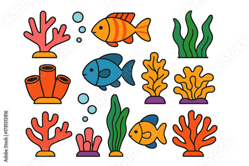 Vibrant tropical fish and marine life set with colorful coral and underwater plants