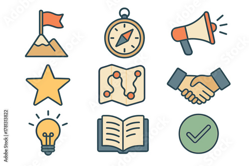 Colorful set of nine business icons for goals, planning, achievement, knowledge, and teamwork