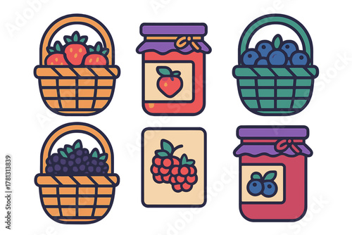Set of fresh summer berries in wicker baskets and preserved fruit jam jars