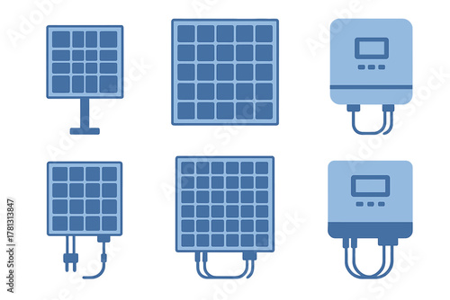 Set of icons representing solar energy equipment including photovoltaic panels and power inverters