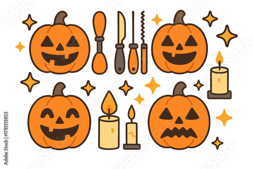 Carved Halloween pumpkins with various facial expressions, burning candles, and carving tools