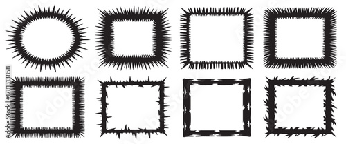 Black Irregular Border Frames, Including Ovals and Rectangles with Sharp, Aggressive Spikes, Evoking Punk and Grunge shapes designs.
