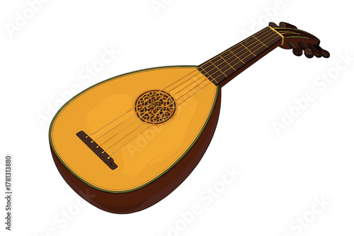 Classical European lute musical instrument featuring strings and carved sound hole