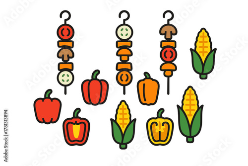 Colorful collection of grilled vegetable skewers, corn cobs, and bell peppers