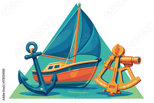 Nautical sailing concept featuring sailboat, anchor, and navigational sextant