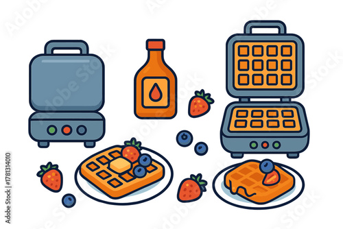 Golden waffles with fresh strawberries, blueberries, maple syrup, and a waffle iron