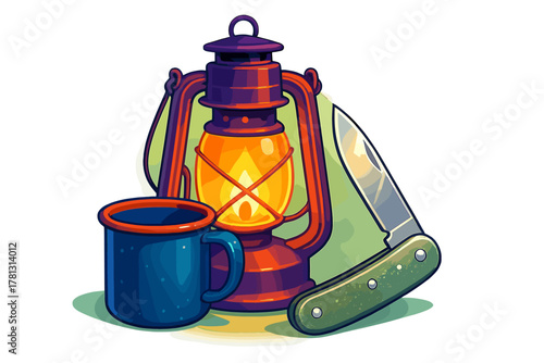 Classic camping essentials set featuring a kerosene lantern, sturdy enamel coffee mug, and sharp folding knife