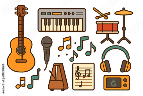 Various musical instruments and accessories including guitar, keyboard, drums, and music notes
