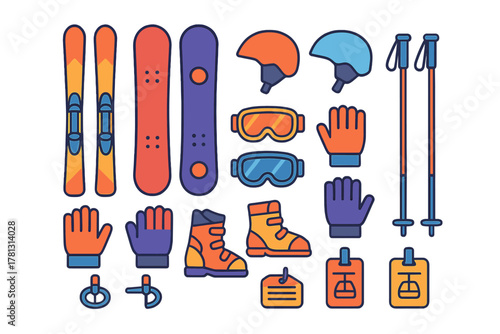 Collection of colorful essential equipment for winter sports activities like skiing and snowboarding
