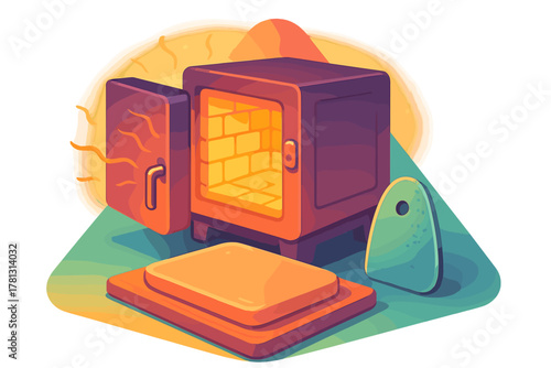 Open industrial oven or ceramic kiln with glowing hot interior and baking tools