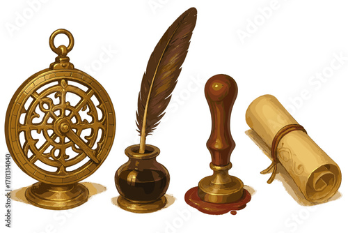 Vintage brass astrolabe, feather quill pen in inkwell, sealing wax stamp, and rolled parchment scroll