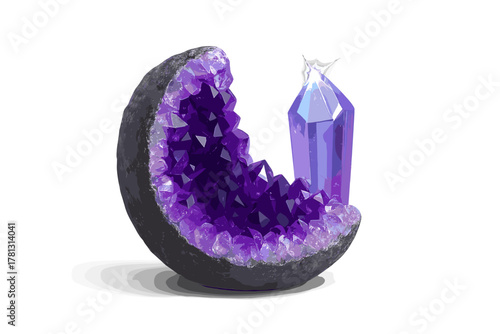 Vibrant purple amethyst geode and sparkling crystal point on a clean white background
