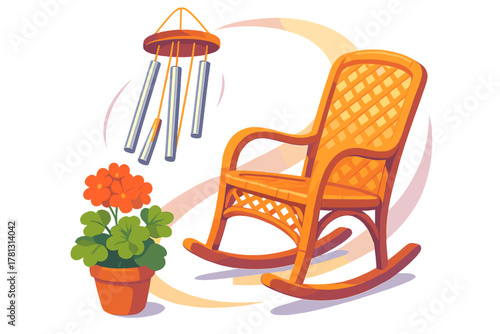 Wicker rocking chair with a bright orange geranium plant and metal wind chime decoration