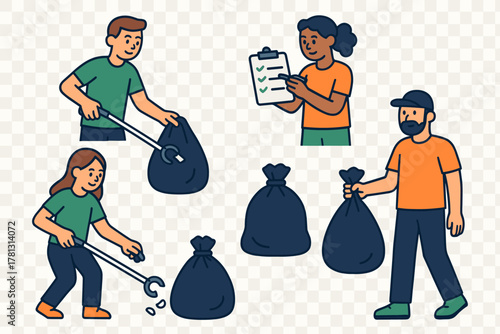 Diverse volunteers collecting trash and litter during a community cleanup event